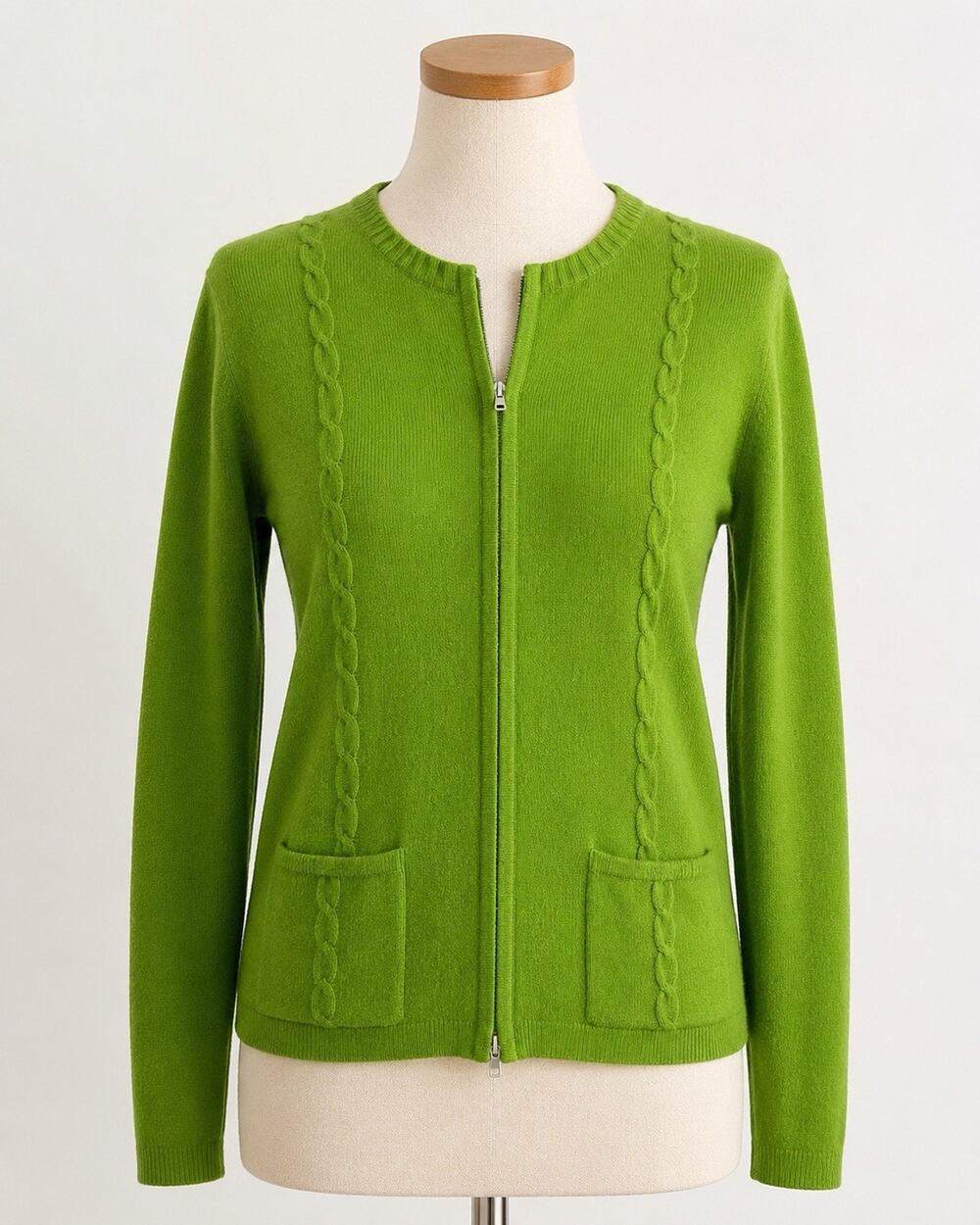 Vintage Lord & Taylor 100% Cashmere Zip Cardigan Sweater Green Cable Knit